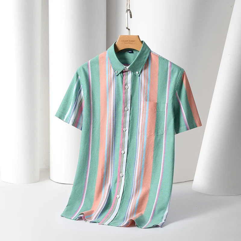 Mens Striped Fashion Short Sleeve 100% Cotton Oxford Plaid Business Button Down Regular Fit Office Shirt Man Clothing 240219