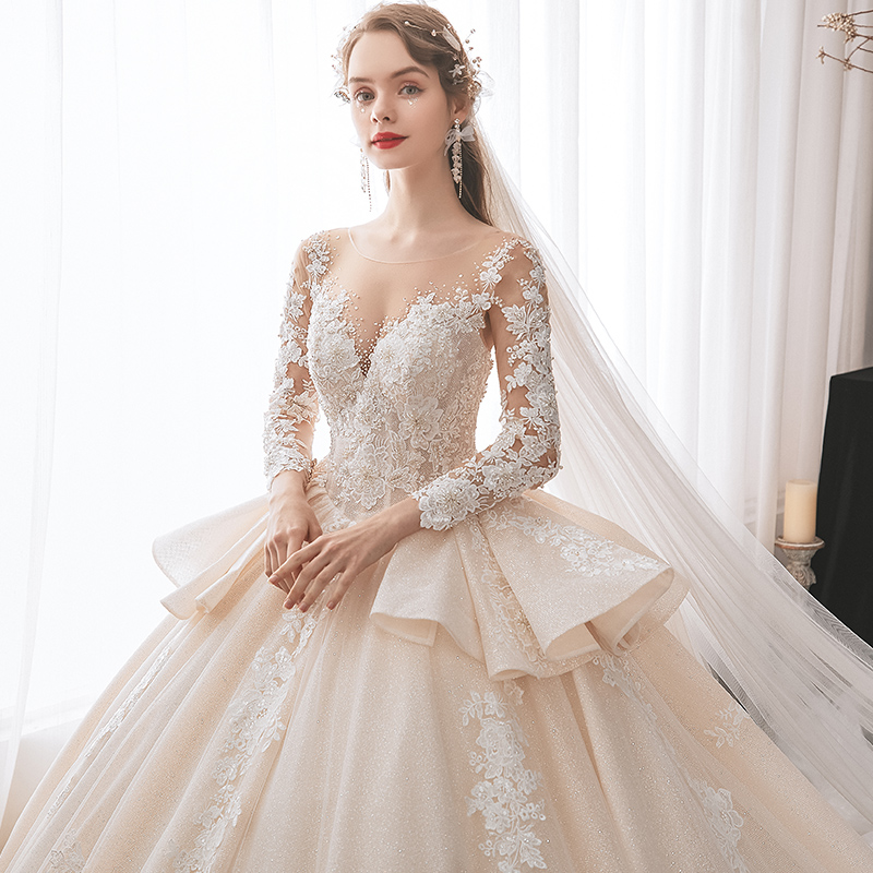 Elegant Ruffled skirt Full Sleeves Scoop Neck Ball Gown Wedding Dress Shiny Tulle Beading Appliques Lace chapel Train Handmade Bridal Gowns can custom