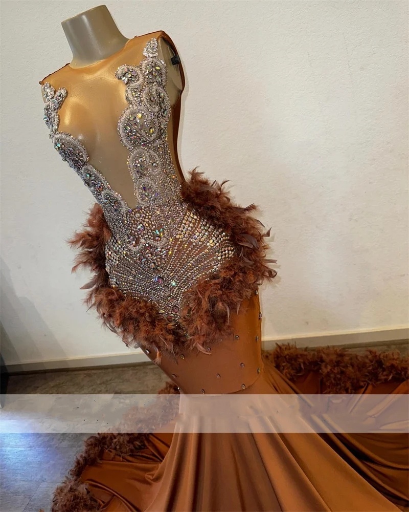 New Arrival Browns Prom Dress For Black Girls Sheer Mesh Bead Crystal Rhinestone Feathers Evening Birthday Party Gowns