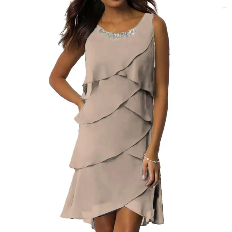 Casual Dresses Loose Fit Mini Dress Cake Chic Womens Layered Chiffon O-neck Sleeveless Sheath With For Summer