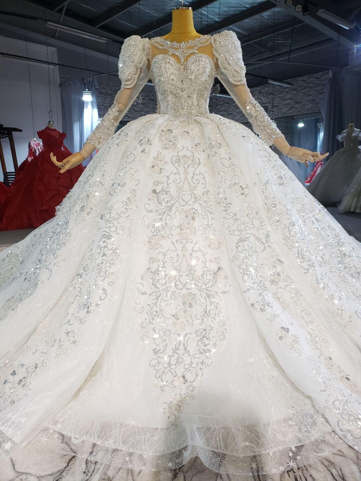 Modern Shine Beads A-Line Wedding Dress Jewel 3D-Lace Ball Gown Plus Size Sweep Train Bridal Gowns Dress Vestido De Novia Size Color Customized
