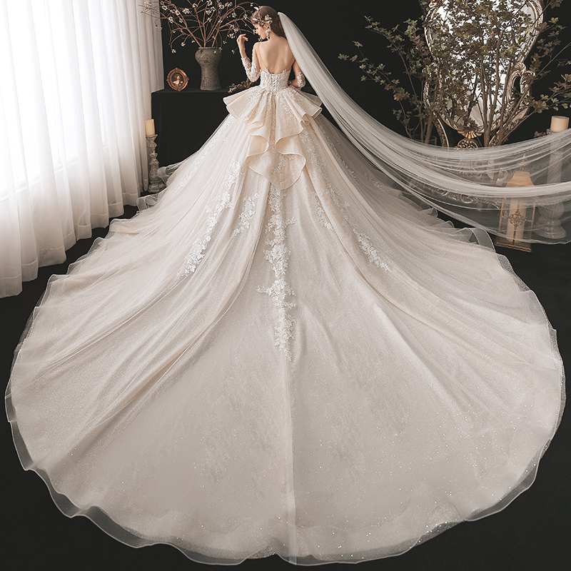 Elegant Ruffled skirt Full Sleeves Scoop Neck Ball Gown Wedding Dress Shiny Tulle Beading Appliques Lace chapel Train Handmade Bridal Gowns can custom