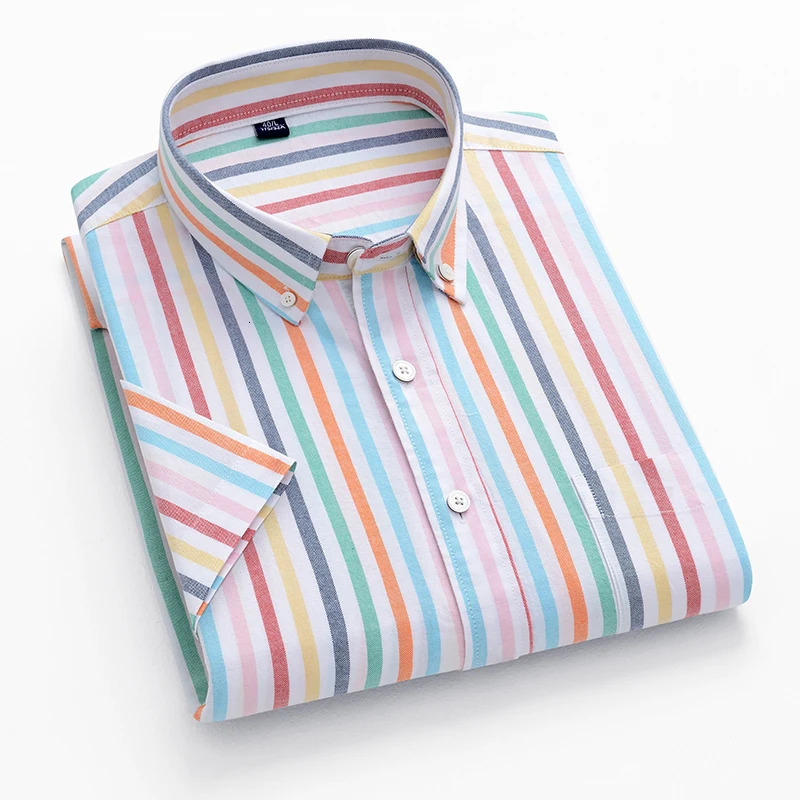 Mens Striped Fashion Short Sleeve 100% Cotton Oxford Plaid Business Button Down Regular Fit Office Shirt Man Clothing 240219