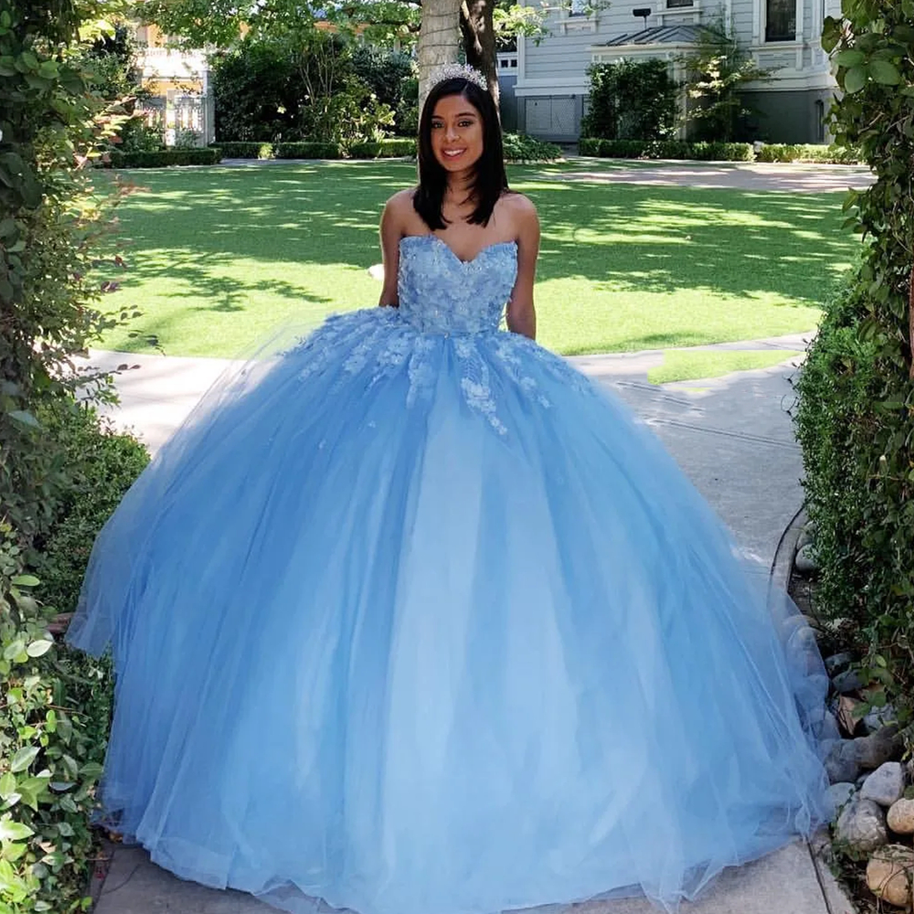 Princess 3D Flowers Quinceanera Dresses Floor Length Appliques Sweetheart Neck Long Light Sky Blue Tulle Ball Gown Special Occasion Gowns Sweet 16 Dre