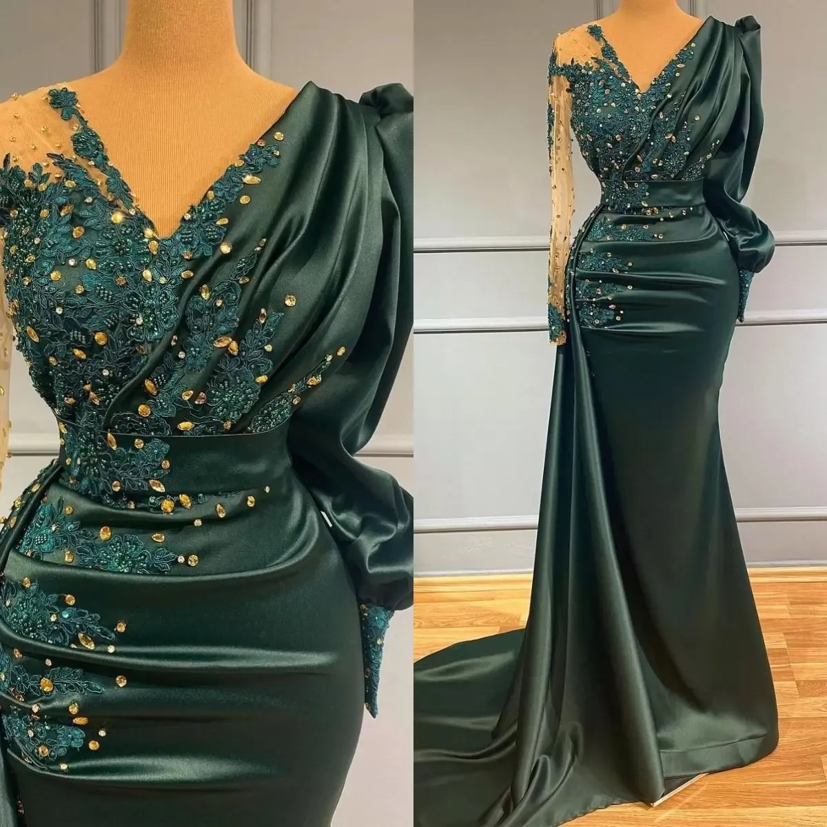 Dark Green Elegant Satin Prom Dresses V Neck Long Sleeves Arabic Aso Ebi Pleats Lace Applique Beaded Formal Evening Party Gowns Sweep Train Robe de Soiree