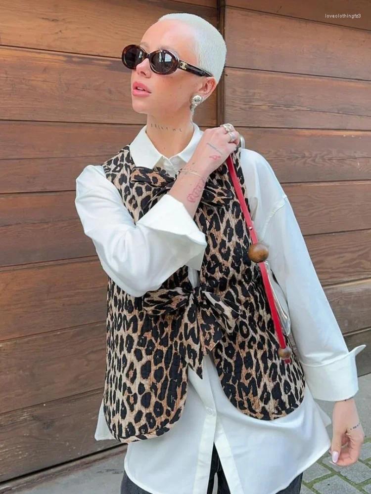 Leopard Print Lace Up Bow Vest Elegant V Neck Sleeveless Cropped Jacket For Women Chic Fashion Outwear