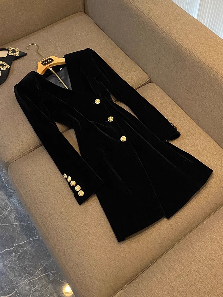 2024 Spring Black Solid Color Dress Long Sleeve V-Neck Buttons Short Casual Dresses D4J261556