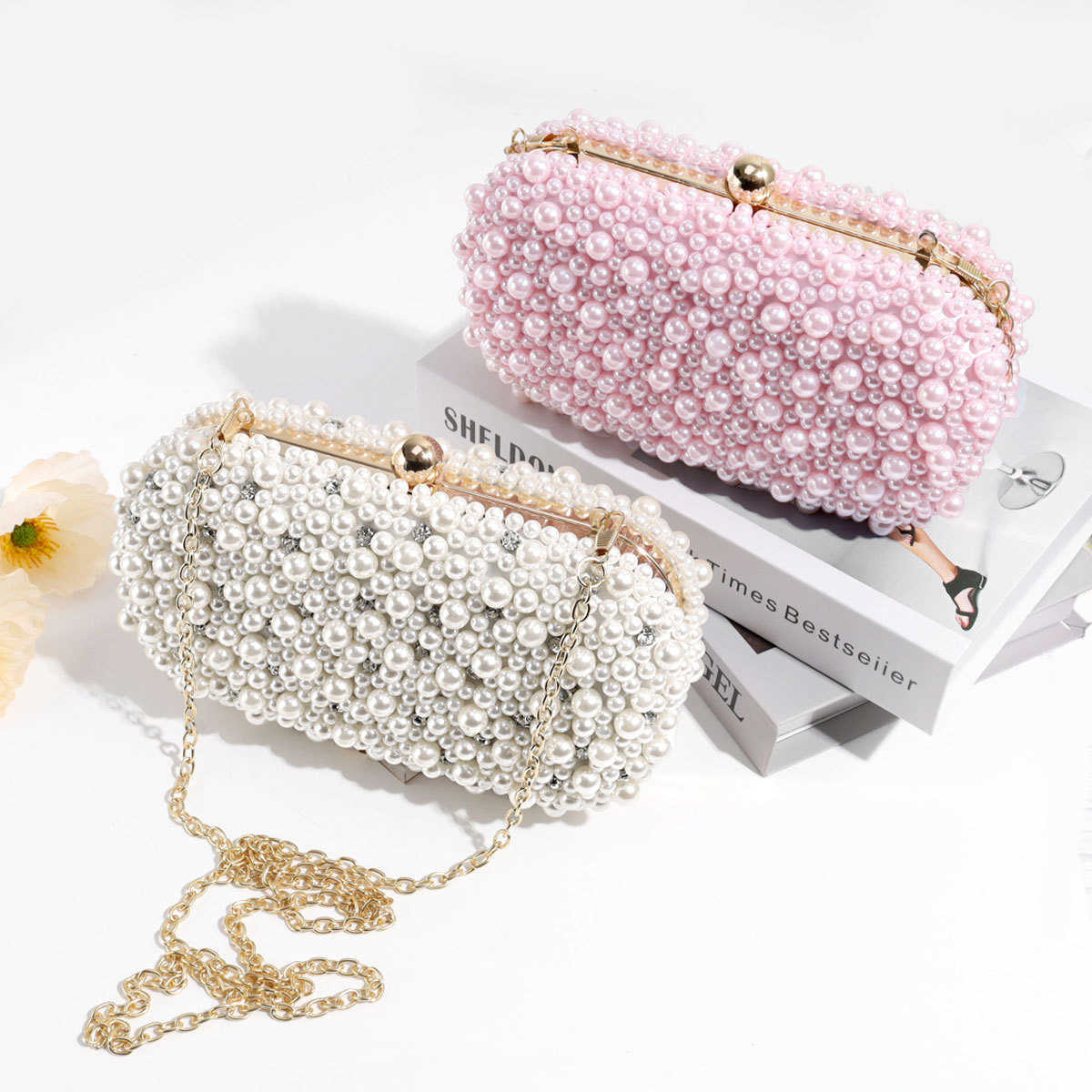 Shoulder Bags 2024 Beaded New Dinner Handbag Pearl Water Diamond Dress Bag Versatile Diagonal Straddle Ladies 240427