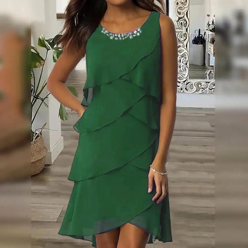 Casual Dresses Loose Fit Mini Dress Cake Chic Womens Layered Chiffon O-neck Sleeveless Sheath With For Summer