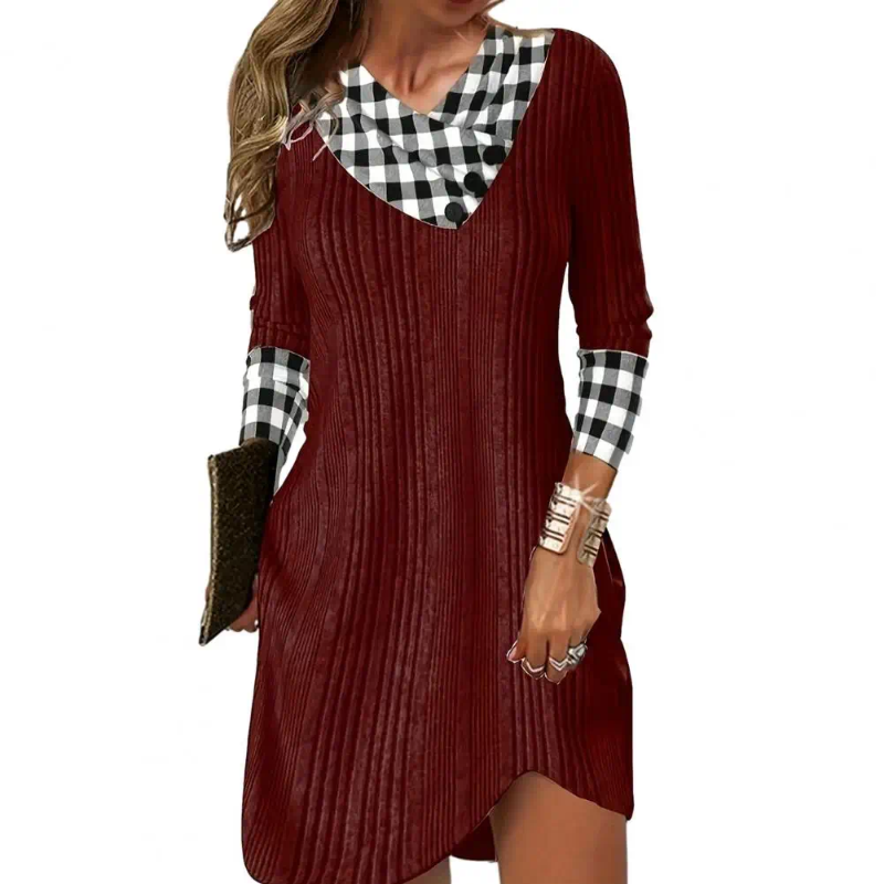 Casual Dresses Women Mini Dress Fall Plaid Print V Neck Winter Colorful Patchwork Loose Fit Soft Warm Ladys