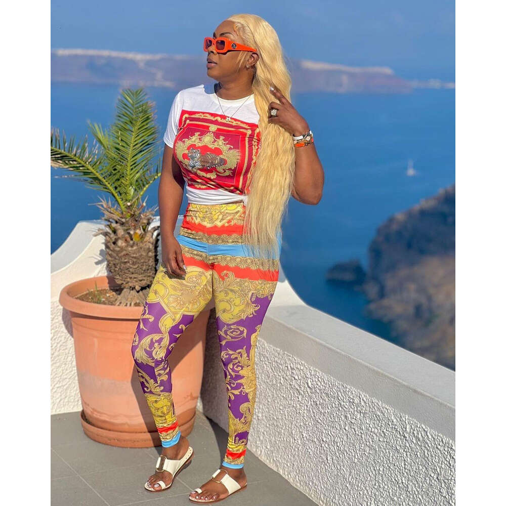Womens Tracksuit Two Piece Pants Casual Print Crew Neck T Shirt And Trousers Set 2024 Summer Outfits Sweatsuit