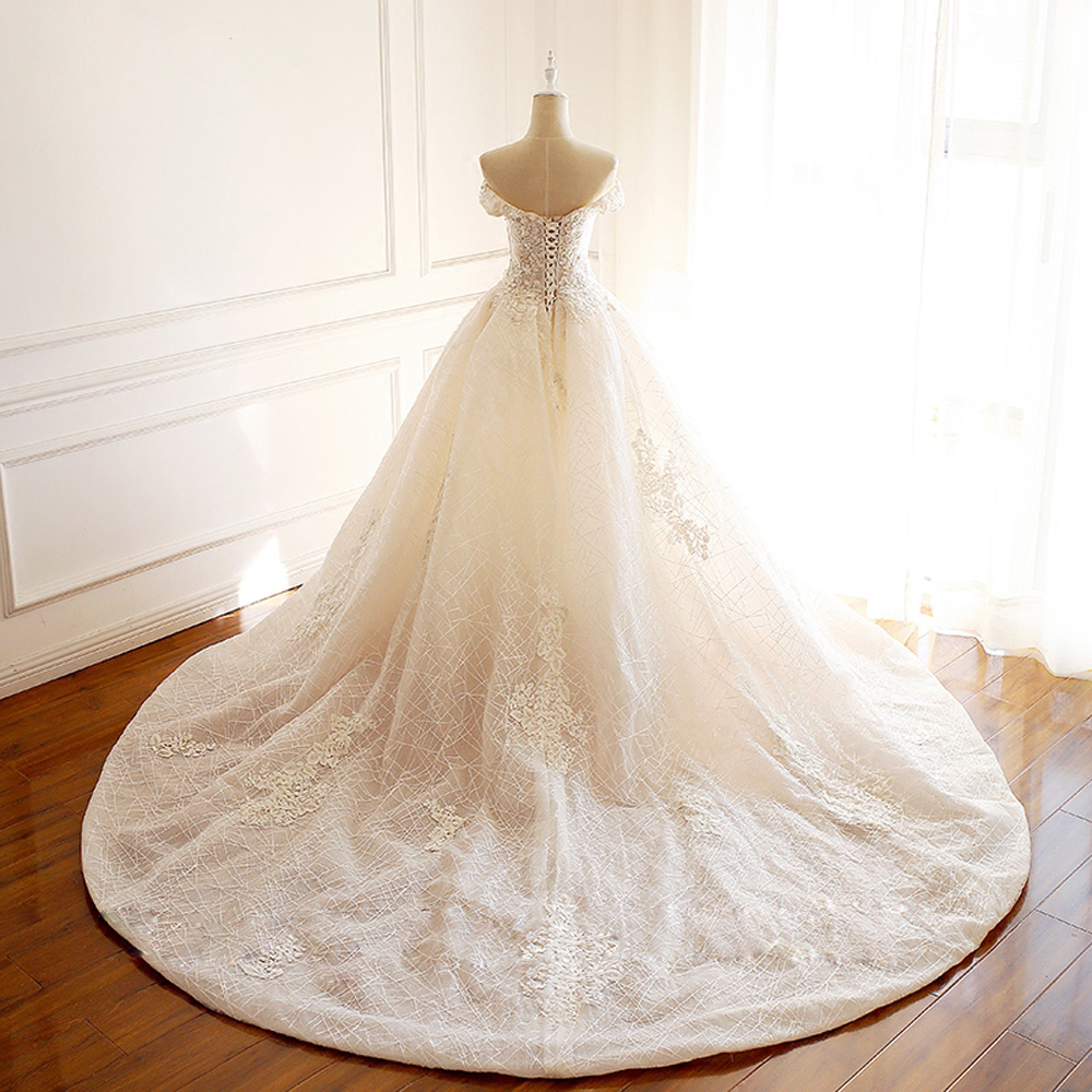 Elegant Lace Boat Neck A-Line Wedding Dress Shiny Beading Embroidery Lace Court Train Handmade Off Shoulder Sleeves Bridal Gowns can customize