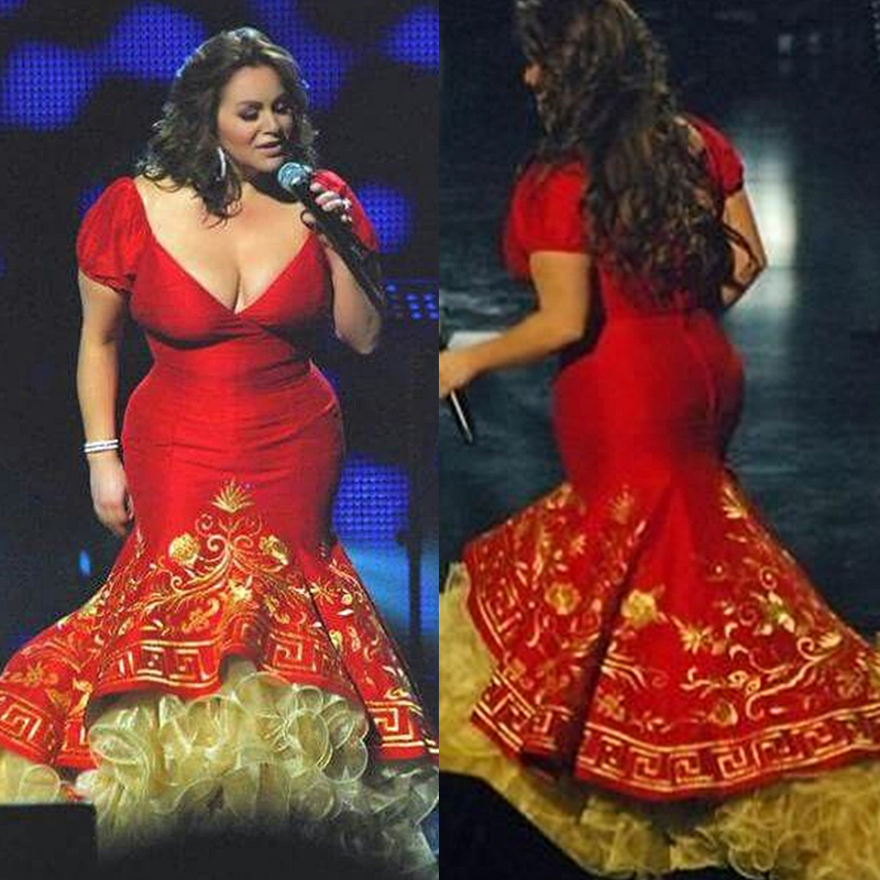 Mexican Red And Gold Mermaid Prom Dresses Ruffles Tiered Long Luxury Celebrity Party Gowns Embroidery V-Neck Sexy Long Formal Evening Dress Plus Size 