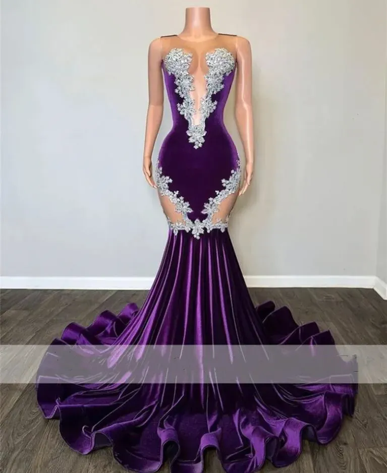 Sexy Lace Appliques Mermaid Black Girl Purple Prom Dress 2024 Veet Beads Sheer Mesh Formal Party Evening Gowns Robe De Bal