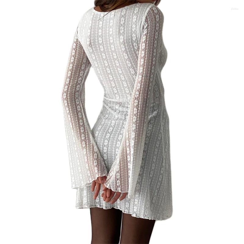 Casual Dresses Elegant White Lace Floral Mini Dress Spring Summer Women Ladies Flare Long Sleeve O Neck A-Line Party For Office Street