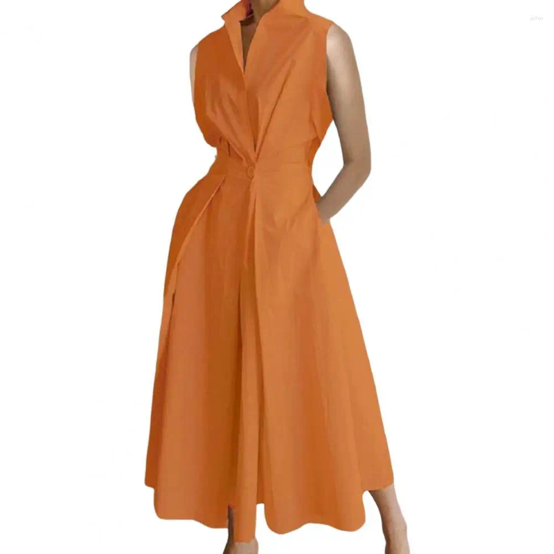 Casual Dresses Women Dress Lapel A-line Big Swing Tight High Waist Summer Sleeveless Formal Commute Style Lady Midi