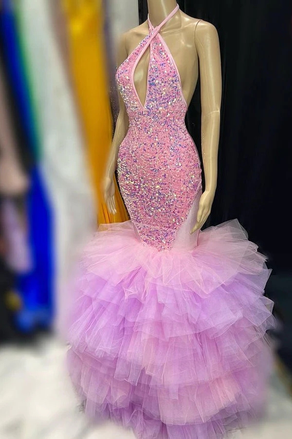 Pink Sequins Tulle Prom Dress Sexy Mermaid Halter Neck Sleeveless Open Back Tuer Ruffles Skirt Long Evening Gowns
