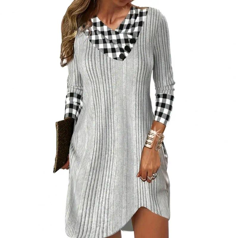 Casual Dresses Women Mini Dress Fall Plaid Print V Neck Winter Colorful Patchwork Loose Fit Soft Warm Ladys