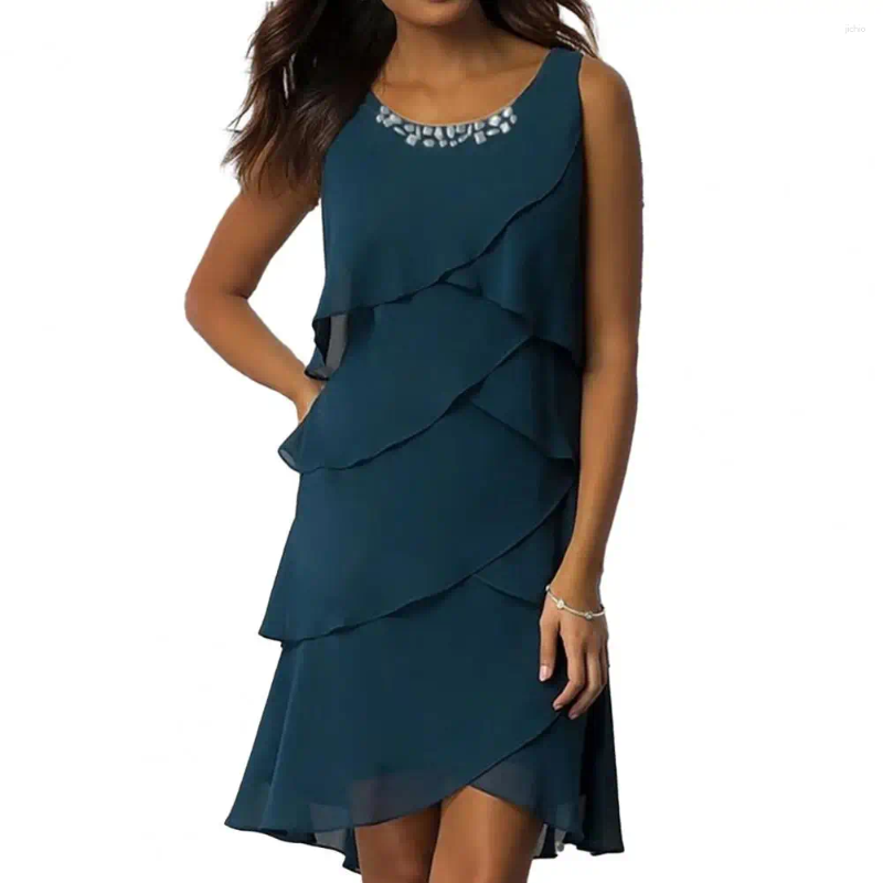 Casual Dresses Loose Fit Mini Dress Cake Chic Womens Layered Chiffon O-neck Sleeveless Sheath With For Summer