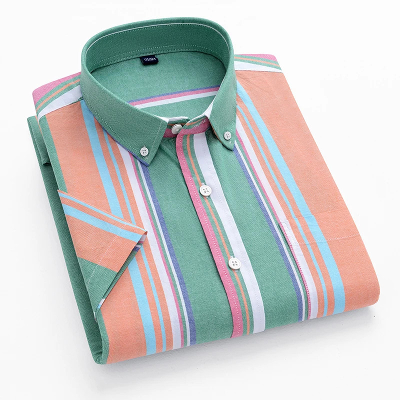 Mens Striped Fashion Short Sleeve 100% Cotton Oxford Plaid Business Button Down Regular Fit Office Shirt Man Clothing 240219