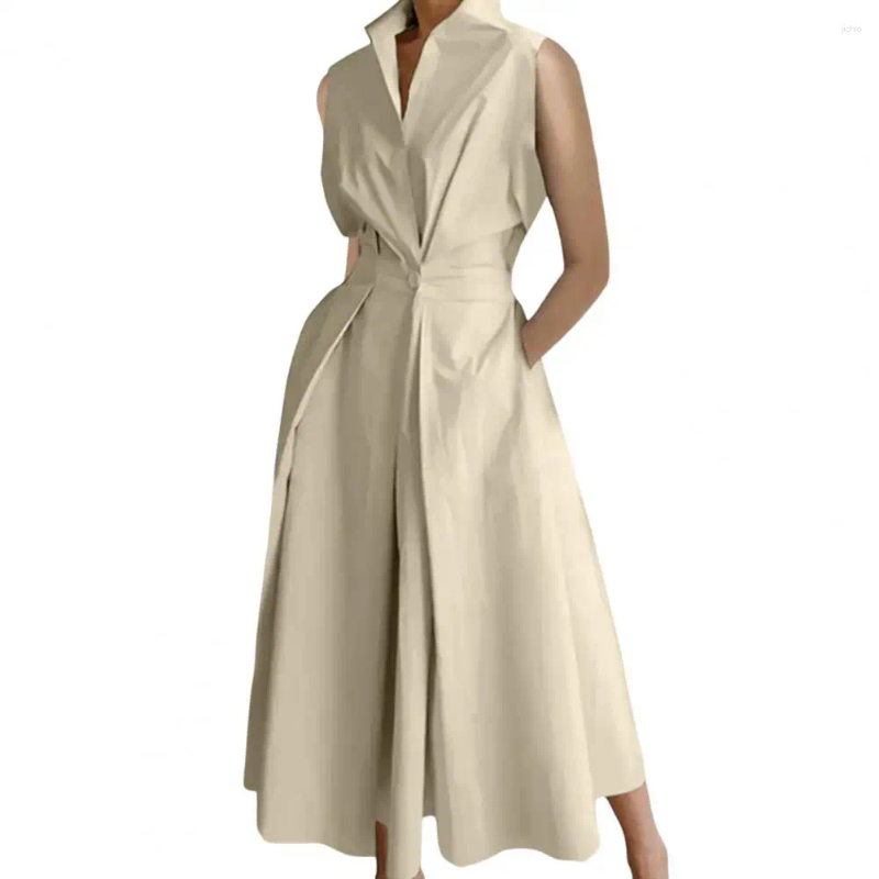 Casual Dresses Women Dress Lapel A-line Big Swing Tight High Waist Summer Sleeveless Formal Commute Style Lady Midi