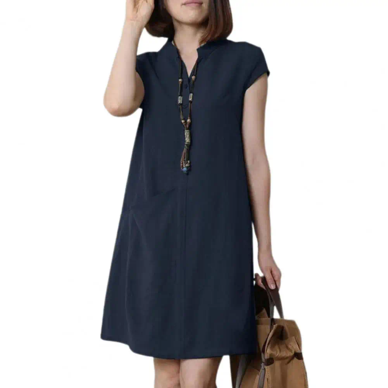 Casual Dresses Women Dress Buttoned V Neck Stand Collar Short Sleeves Loose Commute Style Single Pocket Above Knee Length Mini