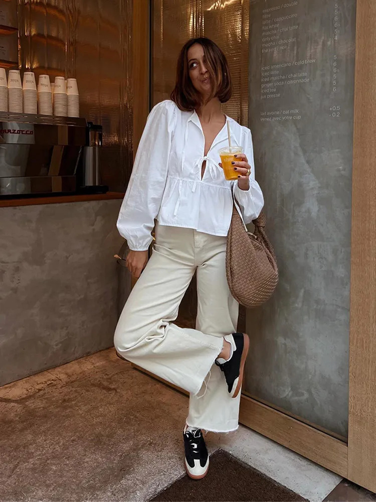 Solid Pleated Lace-Up Shirt: Lantern Sleeve Lapel Collar Top