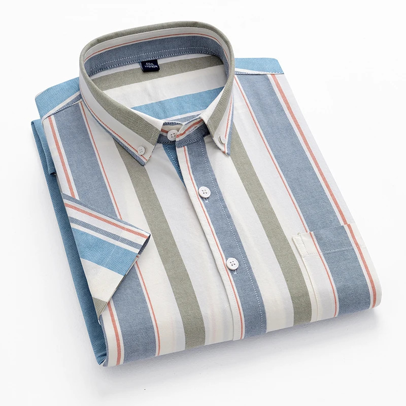 Mens Striped Fashion Short Sleeve 100% Cotton Oxford Plaid Business Button Down Regular Fit Office Shirt Man Clothing 240219