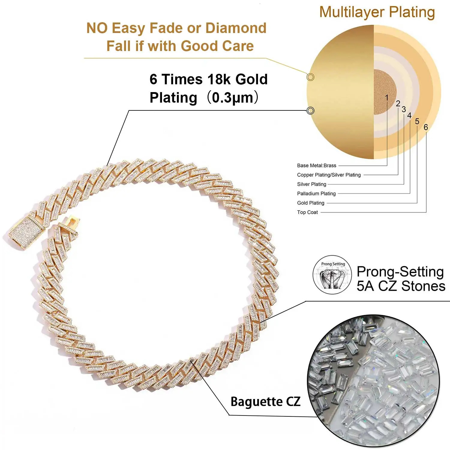 14mm Baguette CZ Miami Cuban Link Chain Cubic Zirconia Copper Silver Plated 7-24 with Iced Lock Hip Hop Jewelry for Men Boy 240226