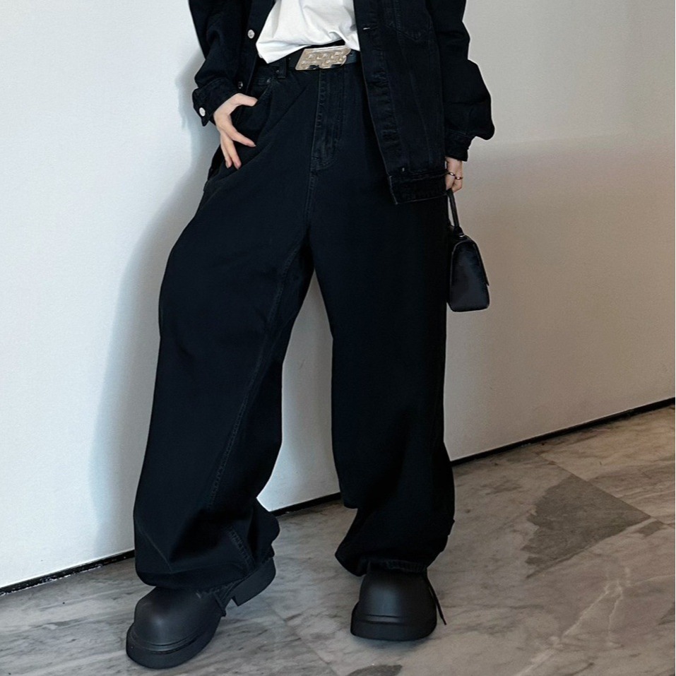 Bale Slight Wrinkling Soft Black Denim Fabric Pants Workwear Pants Casual Loose Fit Pants Men Causal Jeans