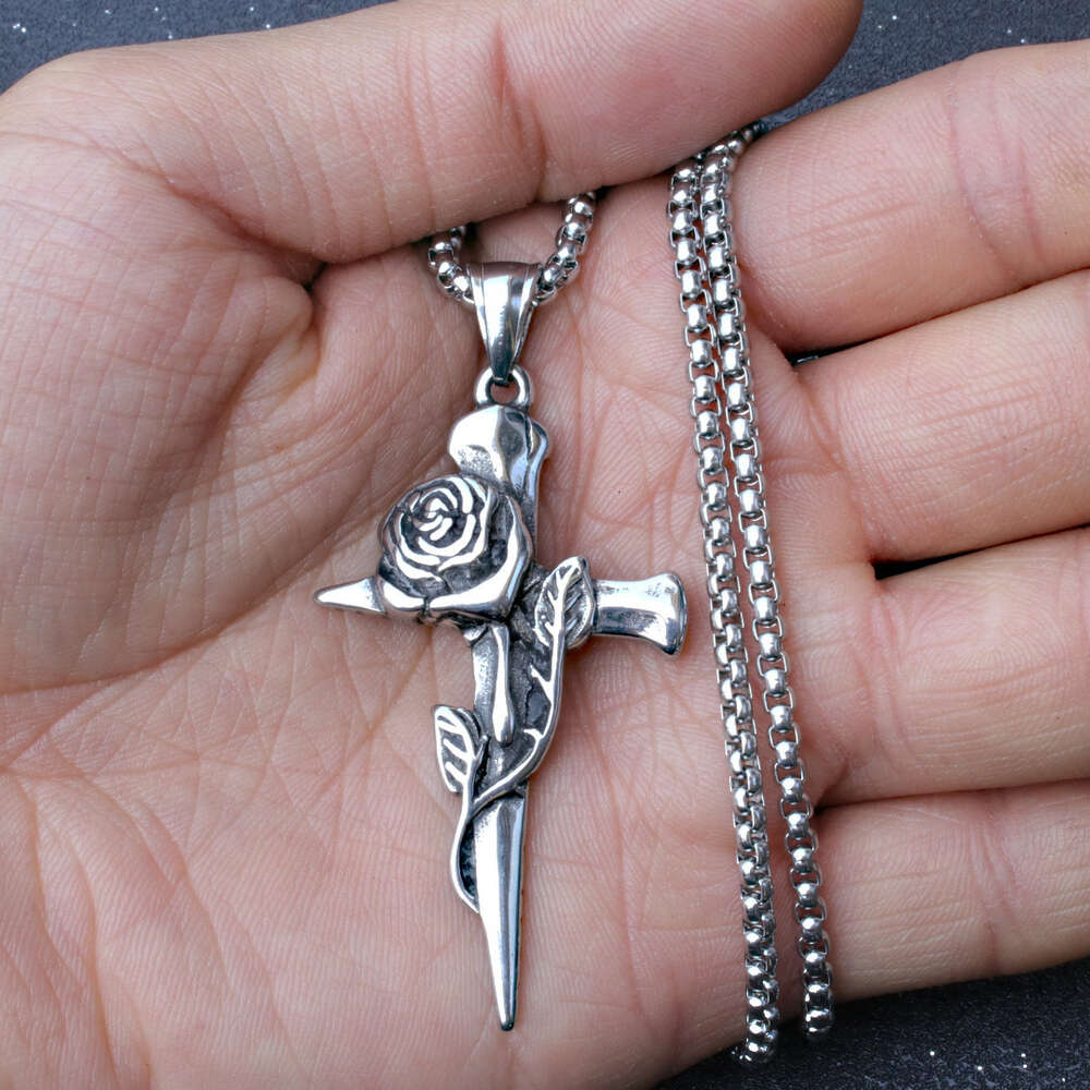 Wolf Tide 2024 Nerw Hip Hop Rose Cross Charm Necklace With Antique Silver Color Stainless Steel Chain Jewelry Necklaces Bijoux Collar Wholesale