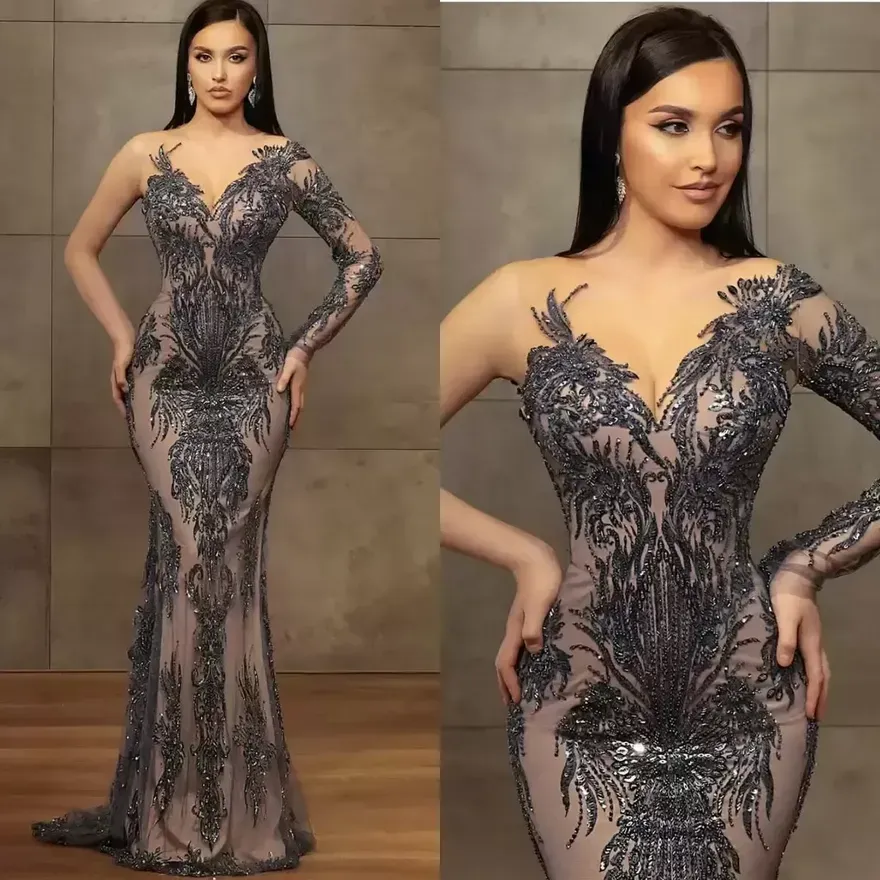 Grey Mermaid Prom Dresses Sheer Jewel Neck Lace Ral Appliqued Beaded Evening Dress Sequins Long Robes De Soiree BC 6660306