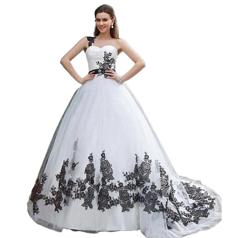 White Black And Wedding Dress Lace Appliques One Shoulder Long Tulle Bridal Gowns Court Train Vintage New Gothic Vestido De Novia