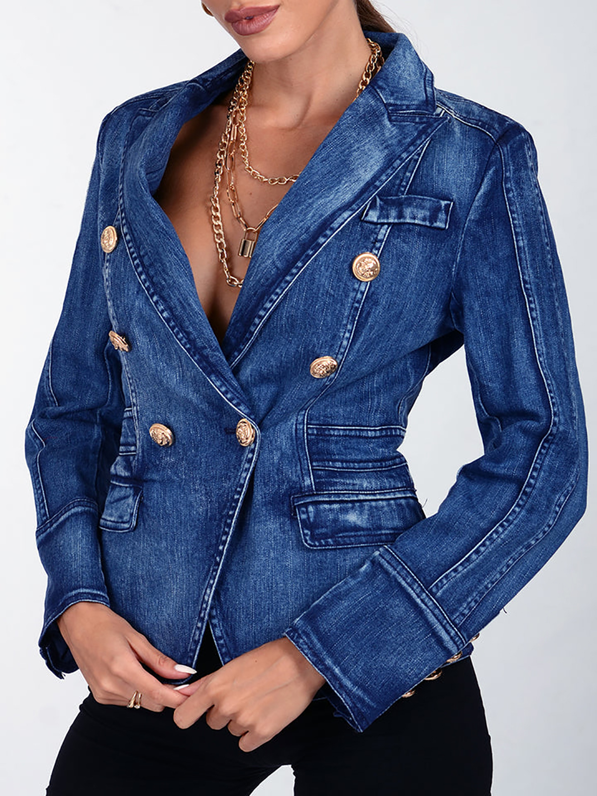 Blue Denim Women Dress Custom Made Slim Fit Double Breasted Fashion Show Ladies Blazer Jacket Guest Wear One Piece