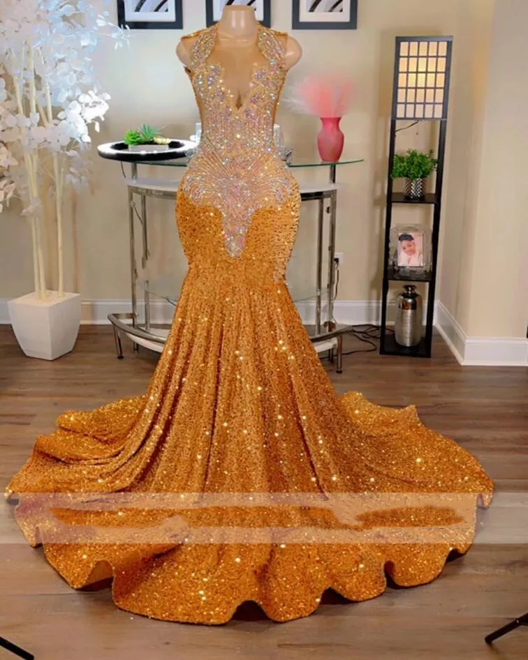 Sparkly Gold Sequined Mermaid Prom Dresses For Black Girls Sheer Crew Neck Rhies Formal Party Dress Beaded Evening Gowns Dr0324