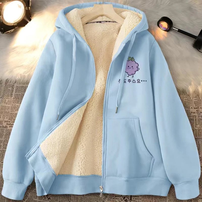 Women Fleece Thickened Warm Hoodies Printed Zipper Pocket Casual Loose Sweatshirts Cardigan Coat Autumn Winter 240223