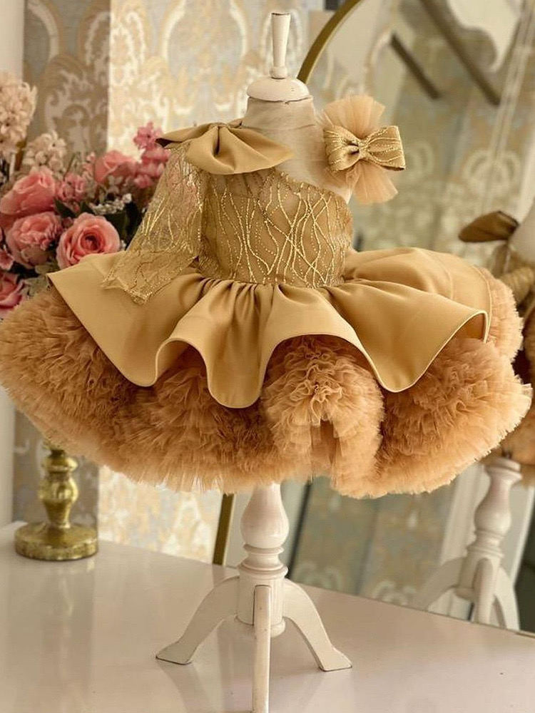 2024 Princess tutu Flower Dresses Vintage Long Sleeve Sheer Crew Neck Appliques Ruched Tulle Cute Girl Formal Party Gowns Pageant birthday party prom 