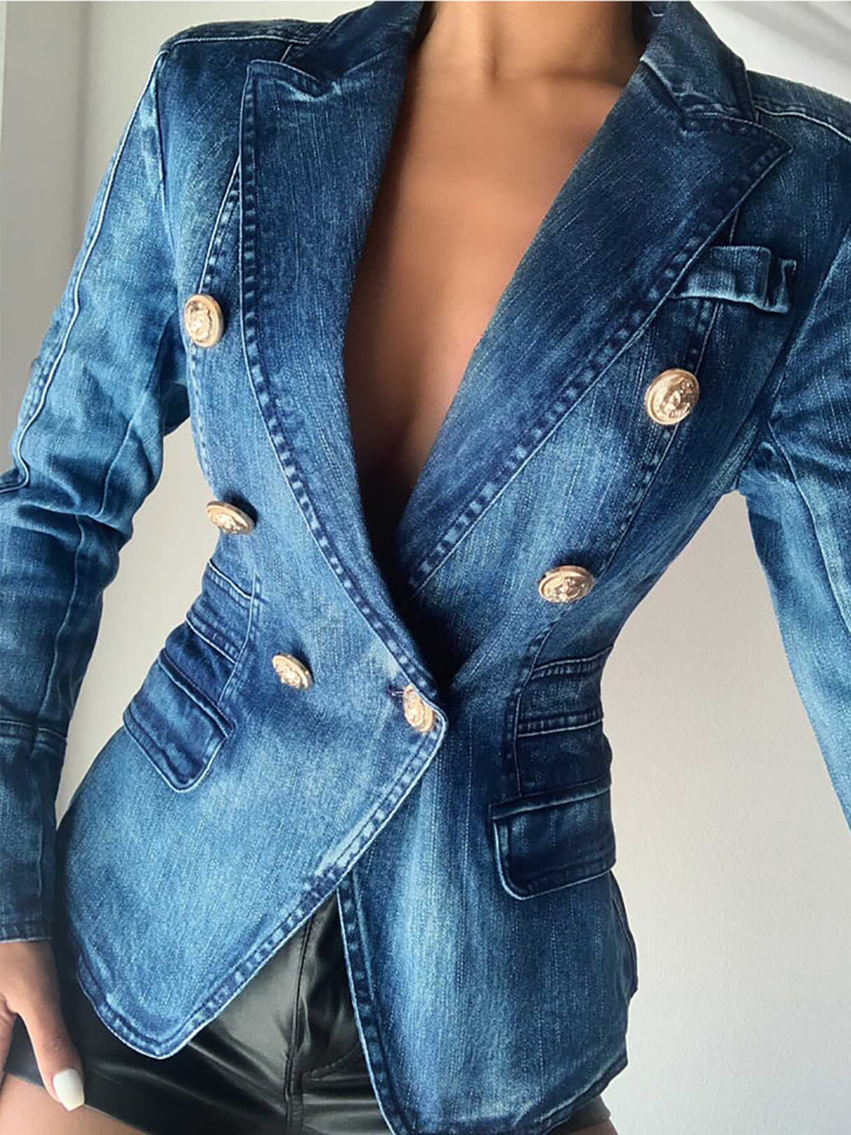 Blue Denim Women Dress Custom Made Slim Fit Double Breasted Fashion Show Ladies Blazer Jacket Guest Wear One Piece