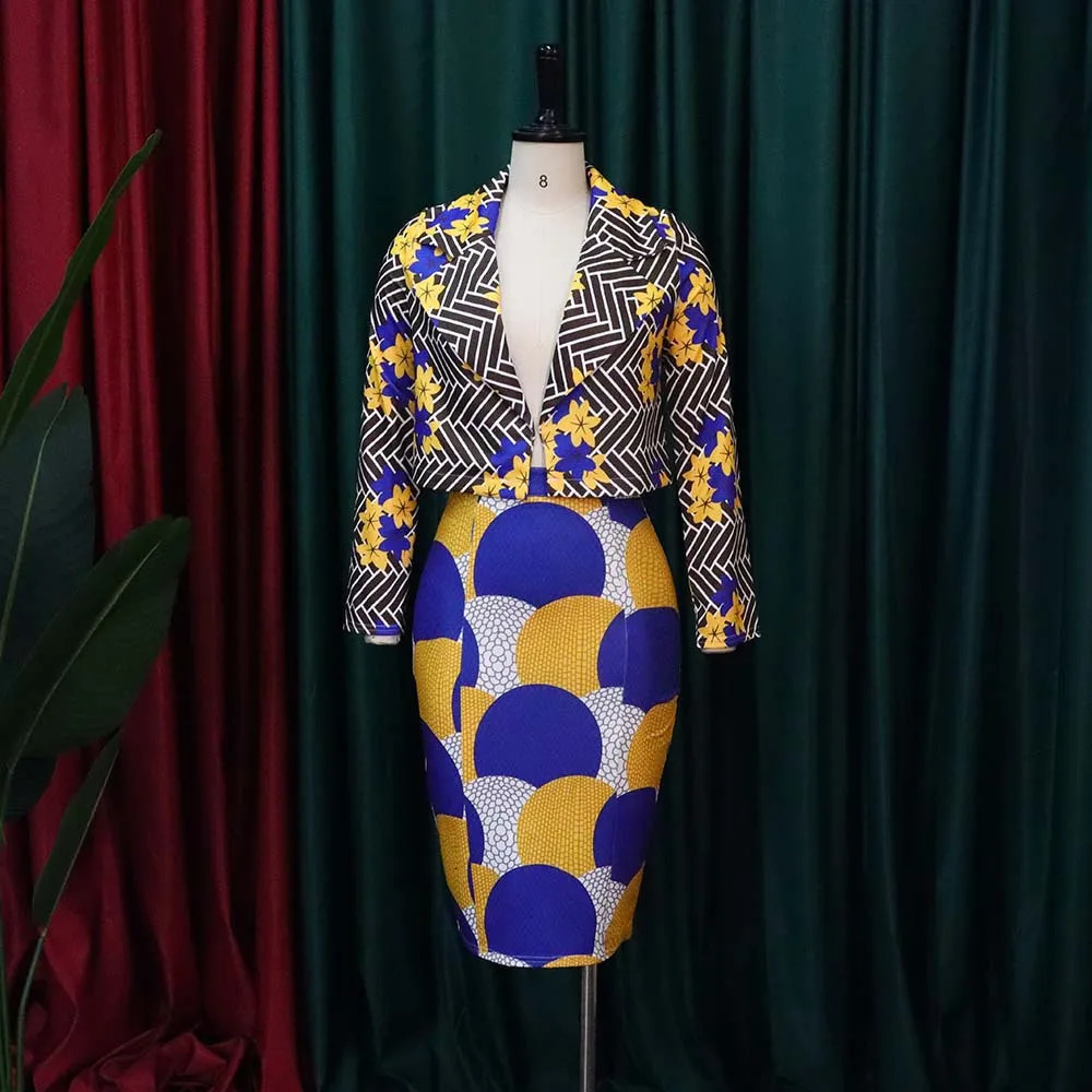 Blazer Skirt Set Women Multicolor Print Lapel Long Sleeve Short Jacket Coat High Waist Midi Suits African Two Piece Outfit 240226wtt