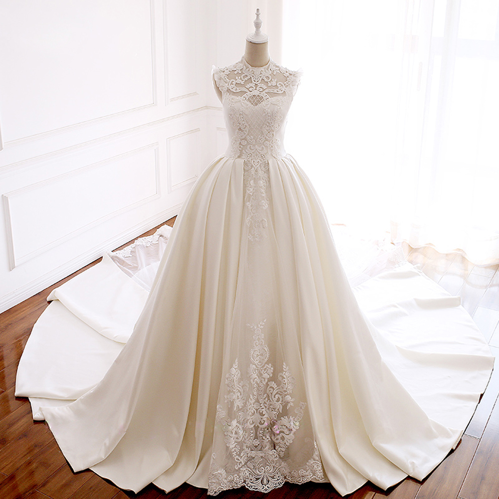 Alonlivn Classic Hollow Beading Pearls High Collar A-Line Wedding Dress Sleeveless Embroidery Lace Bridal Gowns Can Be customized
