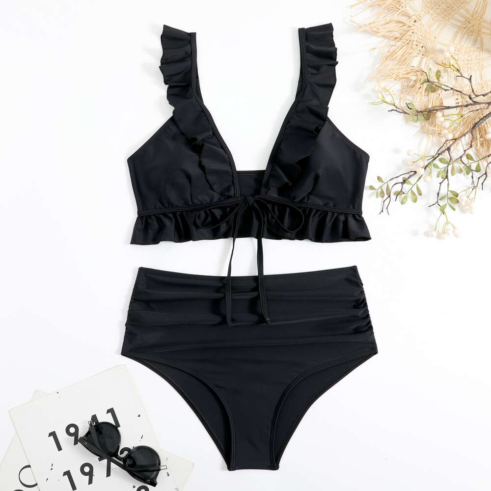 2024 New Bikini Solid Color Fly Edge Hollow Lace Up Multi-color Split High Waisted Swimsuit for Women