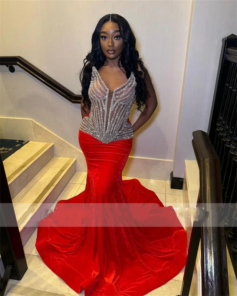 Red Veet V Neck Long Prom Dress For Black Girls Beaded Birthday Party Dresses Mermaid Evening Gowns Robe De Bal