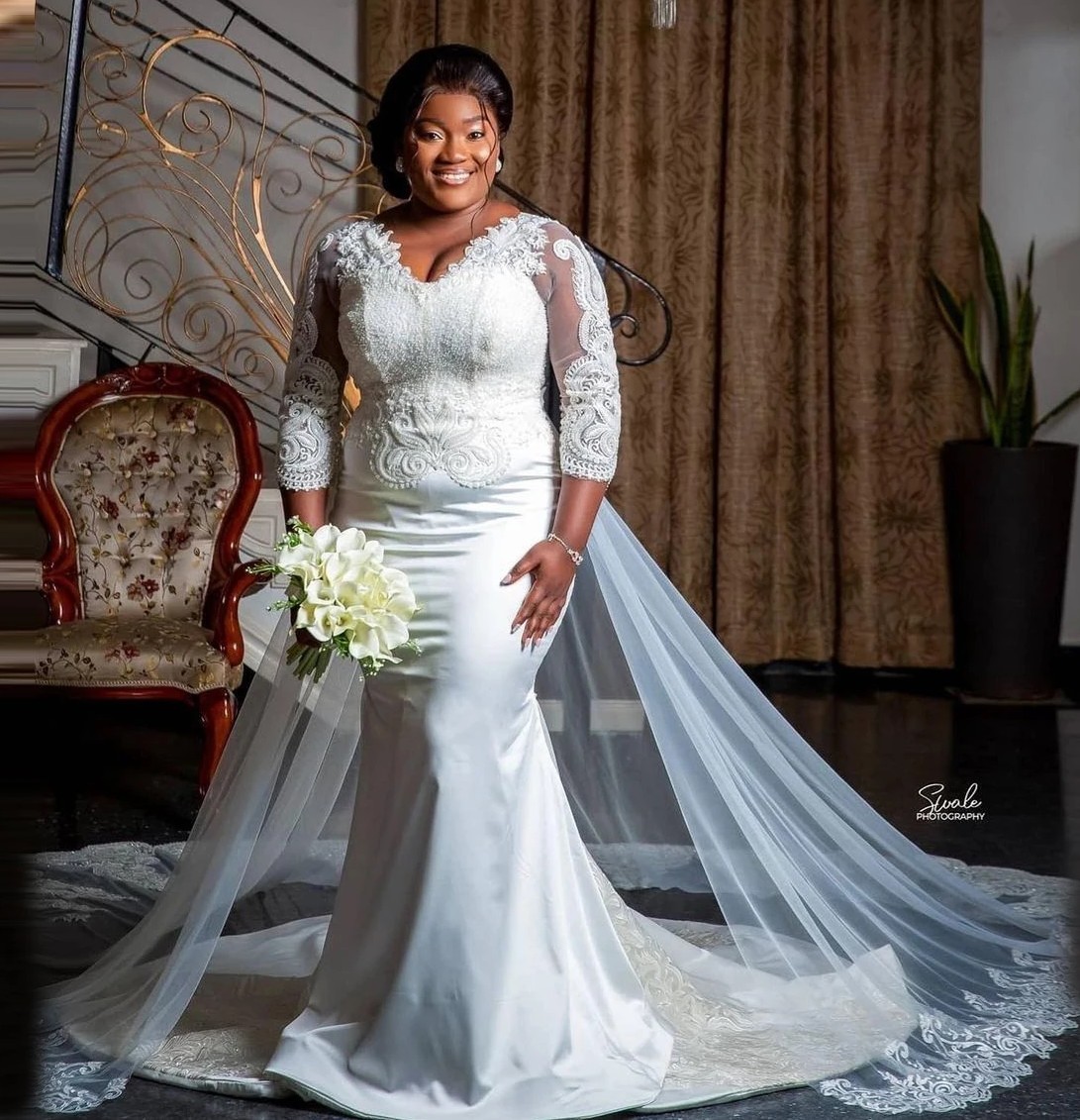 Plus Mermaid Size Wedding Dress V Neck Lace Appliques Sequins Bridal Gowns African Bride Vestidos De Novia Custom Made estidos