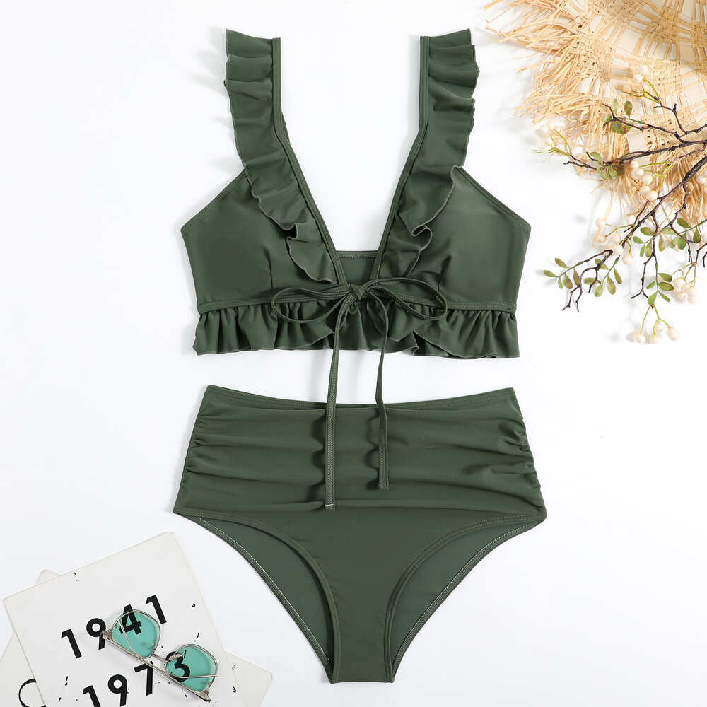 2024 New Bikini Solid Color Fly Edge Hollow Lace Up Multi-color Split High Waisted Swimsuit for Women