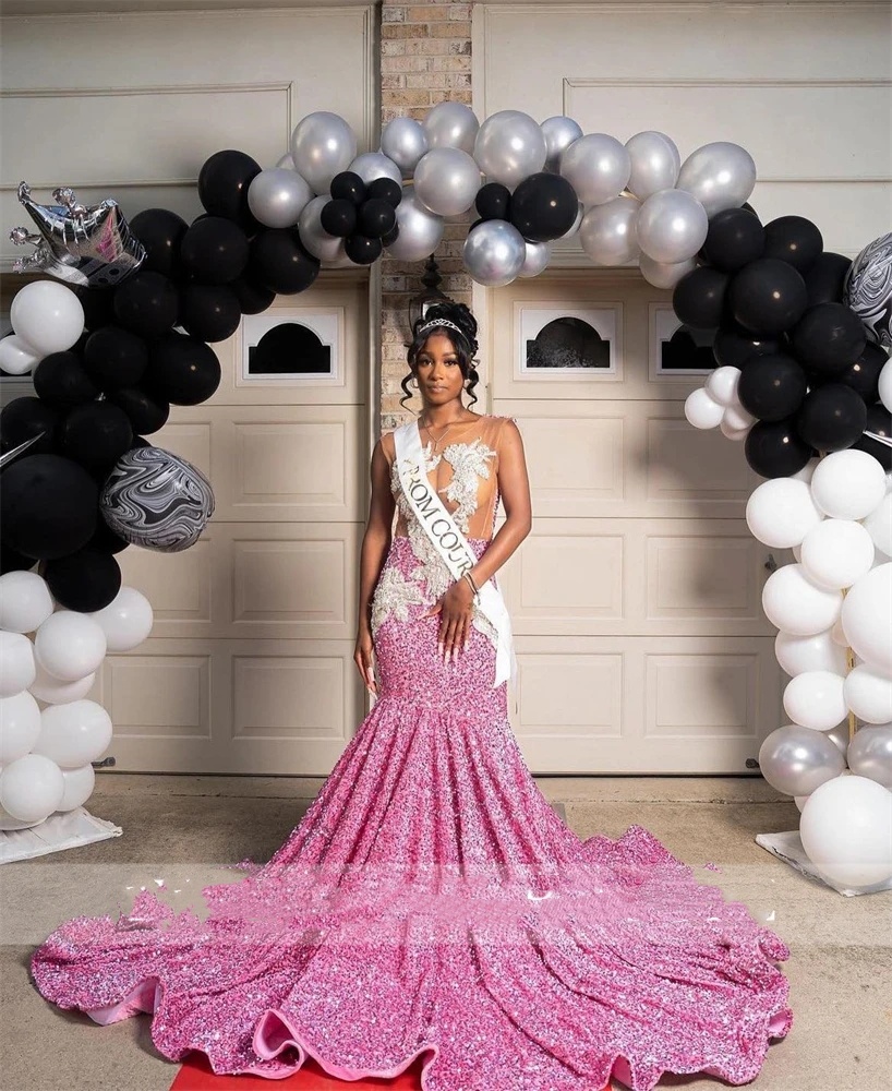 Pink Sheer O Neck Long Prom Dress For Black Girls 2024 Appliques Birthday Party Dresses Sequined Evening Gowns Mermaid Robe De Bal 0431