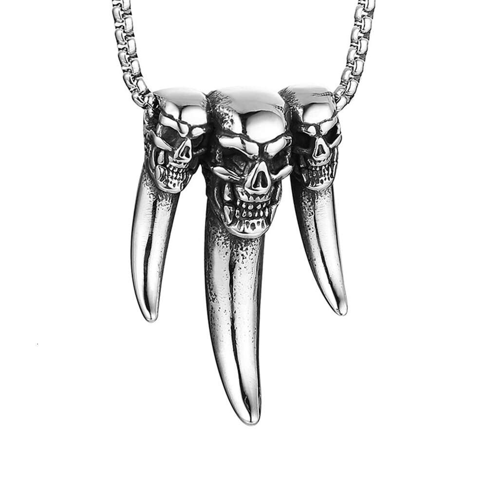 2024 New Fashion Skull Head Indian Teeth Pendant Trendy Necklace With Stainless Steel Chain For Men Antique Silver Color Bijoux Jewelry Accessories Wh
