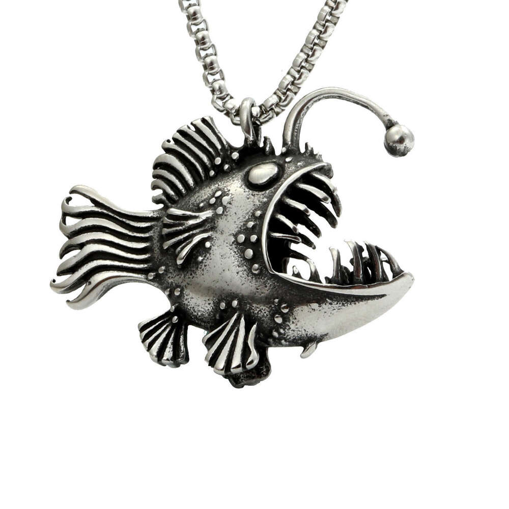 Hip Hop Wolf Tide New Lantern Fish Pendant Necklace Personalized Men's Antique Silver Color Titanium Stainless Steel Chain Punk Rock Jewelry Whol