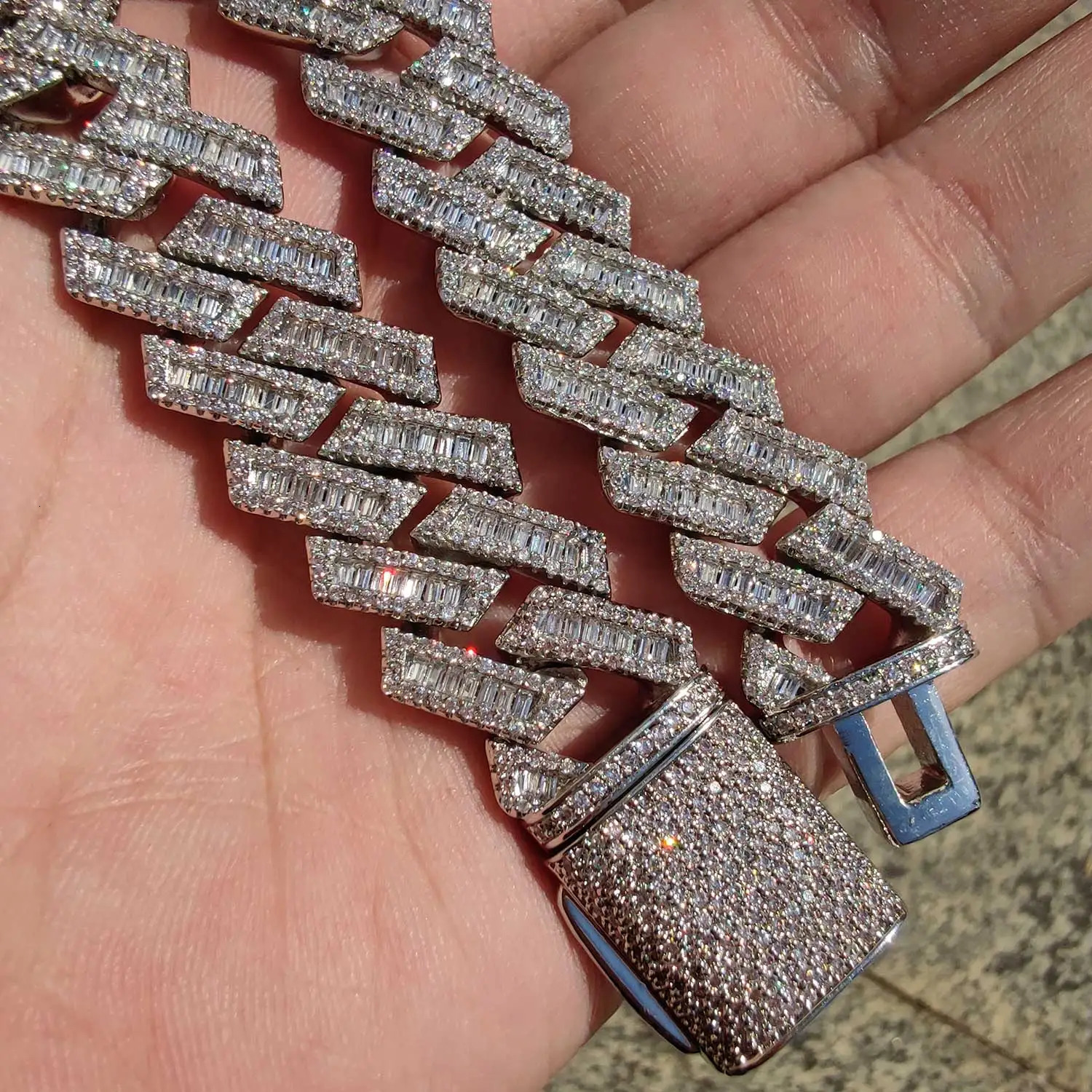 14mm Baguette CZ Miami Cuban Link Chain Cubic Zirconia Copper Silver Plated 7-24 with Iced Lock Hip Hop Jewelry for Men Boy 240226