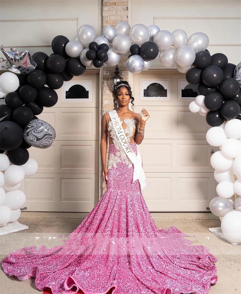 Pink Sheer O Neck Long Prom Dress For Black Girls 2024 Appliques Birthday Party Dresses Sequined Evening Gowns Mermaid Robe De Bal 0431