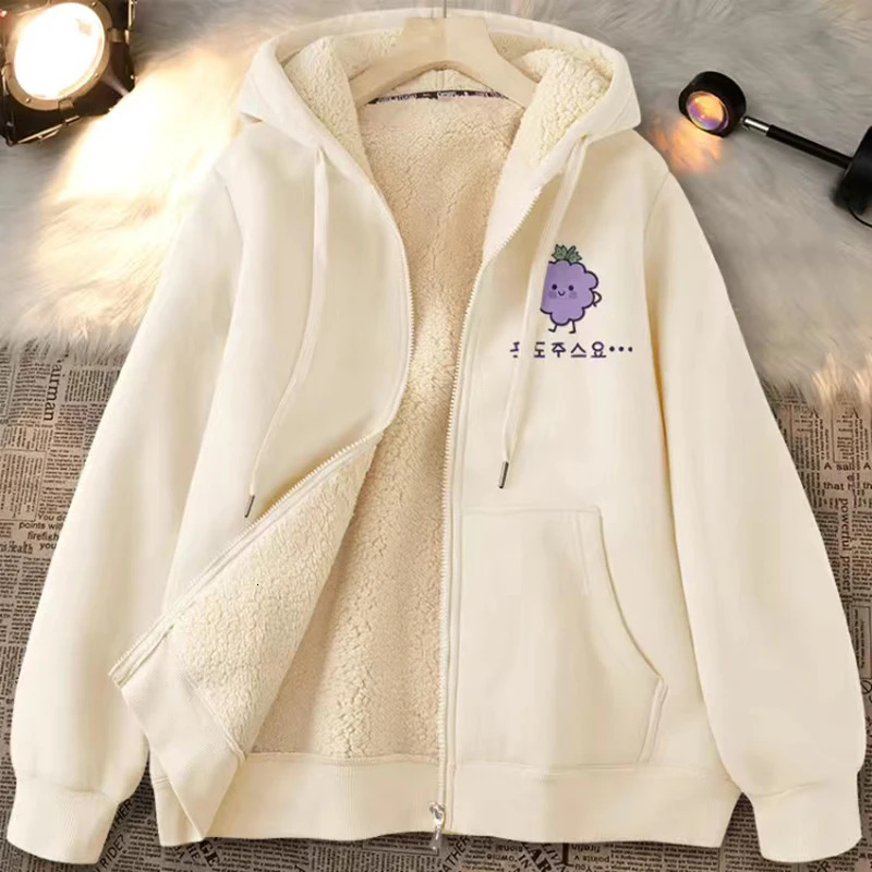 Women Fleece Thickened Warm Hoodies Printed Zipper Pocket Casual Loose Sweatshirts Cardigan Coat Autumn Winter 240223